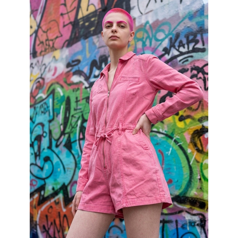 PAIGE Pink Denim Zip Front Belted Romper Collared Long Sleeve Pockets 10